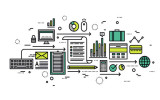 Thin line flat design of online business analytics marketing strategy analysis search optimization statistics information research. Modern vector illustration concept isolated on white background.