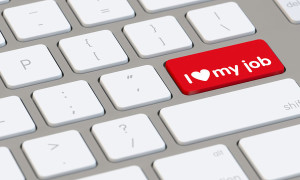 I love my job slogan on computer keyboard for employee motivation (3D Rendering)