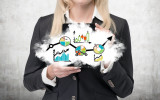 young businesswoman holding cloud with forex chart