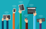 Illustration of hands holding hi tech devices. Vector set of flat hand icons holding various hi-tech computer and communication devices.