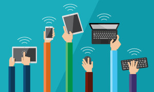 Illustration of hands holding hi tech devices. Vector set of flat hand icons holding various hi-tech computer and communication devices.