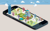 City Map with Pins and an Intelligent House. Smartphone. On it screen a vector map of the city where appear pins with the location of different service icons and an intelligent residential building.