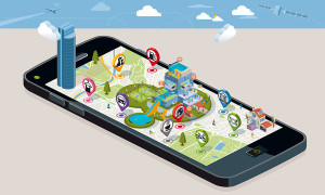 City Map with Pins and an Intelligent House. Smartphone. On it screen a vector map of the city where appear pins with the location of different service icons and an intelligent residential building.