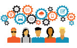 Icons of people with gears and interface icons technology, social media. concept of people communicate in a global network. Icons of people with gears and Interface icons
