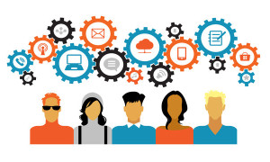 Icons of people with gears and interface icons technology, social media. concept of people communicate in a global network. Icons of people with gears and Interface icons