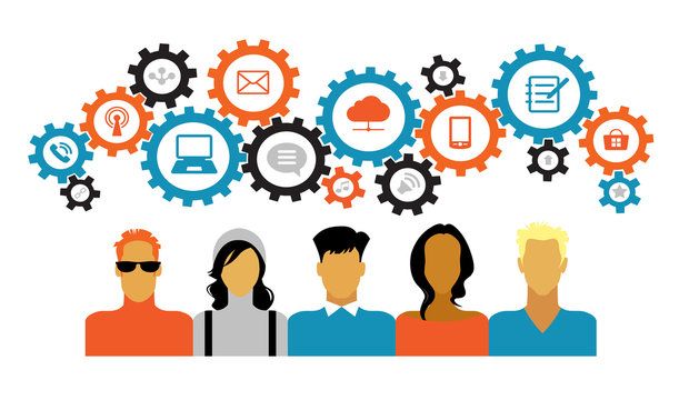 Icons of people with gears and interface icons technology, socia