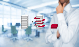 Big data analytics (bigdata) and data mining concept. Businessman think about big data and data mining issues (volume velocity variety variability veracity complexity). Wide banner composition and office in background.