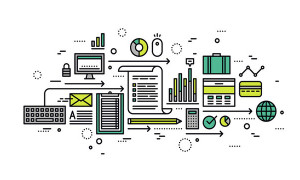 Thin line flat design of online business analytics marketing strategy analysis search optimization statistics information research. Modern vector illustration concept isolated on white background.
