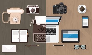 Work desktop and devices evolution from typewriter to keyboard business and communication technology evolution and improvement concept