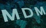 MDM - Mobile Device Management text concept on green digital world map background
