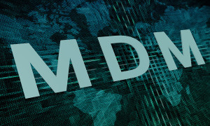 MDM - Mobile Device Management text concept on green digital world map background
