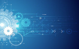 Vector illustration white gear wheel on circuit board. Hi-tech digital technology and engineering, digital telecoms technology concept. Abstract futuristic- technology on blue color background