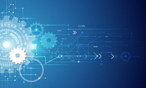 Vector illustration white gear wheel on circuit board. Hi-tech digital technology and engineering, digital telecoms technology concept. Abstract futuristic- technology on blue color background