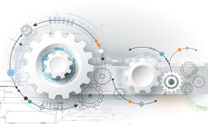 Vector illustration gear wheel hexagons and circuit board Hi-tech digital technology and engineering digital telecom technology concept. Abstract futuristic on light blue color background