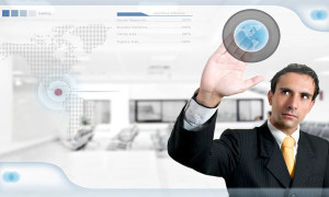 technology / human resources concept: successful man searching on digital screen