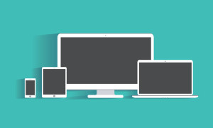 Elecrtonic devices with blank screens. Desktop computer, tablet pc, laptop, smartphone. Flat design illustration, eps 10 vector