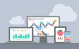 Flat design modern vector illustration concept of website analytics and computing data analysis using modern electronic and apple mobile devices. Isolated on grey background
