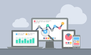 Flat design modern vector illustration concept of website analytics and computing data analysis using modern electronic and apple mobile devices. Isolated on grey background