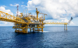 Offshore construction platform for production oil and gas Oil and gas industry and hard work Production platform and operation process by manual and auto function