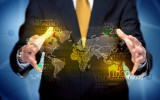 An elegant analytic person holding map of the world in its hand with numbers, statistics in front of blue background concept