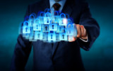 Management connecting with a super secure cloud by touch. Countless closed lock icons combine to shape the virtual cloud. Technology metaphor for corporate IT security privacy and cloud computing.