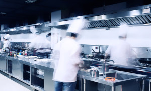 modern hotel kitchen and busy chefs.