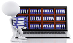 3d renderer image. Archive concept. White people with Laptop and files on isolated white background.