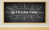 Integration - 3d render illustration of text on black chalkboard in a room.