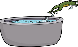 Cartoon of frog leaping out of pot of boiling water
