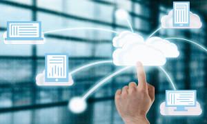 Male hand pushing touch cloud computing button on virtual screen