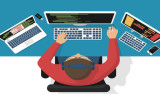 Programmer at computer desk working on program design. Software concept. Vector illustration flat design. Man working at desktop computer laptop. Coding web technology. Development applications.