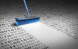 Deleting data technology concept as a broom wiping clean binary code as a cyber security symbol for erasing computer information or to delete an email and clean a hard drive server with 3D illustration elements.