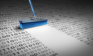 Deleting data technology concept as a broom wiping clean binary code as a cyber security symbol for erasing computer information or to delete an email and clean a hard drive server with 3D illustration elements.