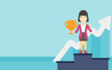 An asian business woman standing on a pedestal with winner cup. Business woman celebrating her business award. Business award concept. Vector flat design illustration. Horizontal layout.