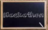 Hackathon - New chalkboard with outlined text - on wood