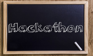Hackathon - New chalkboard with outlined text - on wood