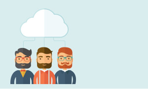 Three sad businessmen under the cloud as their protection. Business and Economic crisis protection concept. A contemporary style with pastel palette, soft blue tinted background with desaturated