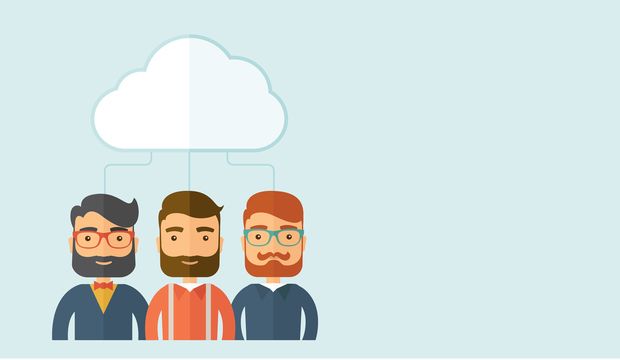 Three sad businessmen under the cloud as their protection. Busi