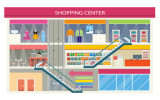 Shopping center buiding design. Shopping mall, shopping center interior, restaurant and boutique, store and shop with cafe, architecture retail, urban structure commercial vector illustration