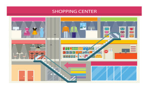 Shopping center buiding design. Shopping mall, shopping center interior, restaurant and boutique, store and shop with cafe, architecture retail, urban structure commercial vector illustration