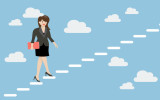 Business woman stepping up a staircase in the sky. Business Concept