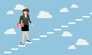 Business woman stepping up a staircase in the sky. Business Concept