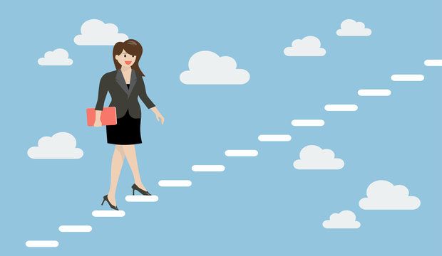 Business woman stepping up a staircase in the sky. Business Concept