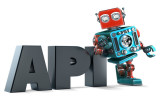 Retro Robot with application programming interface sign. Technology concept. Isolated on white background. Contains clipping path
