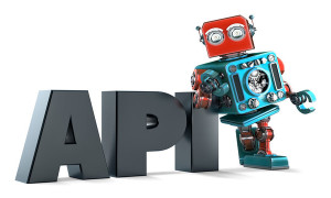 Retro Robot with application programming interface sign. Technology concept. Isolated on white background. Contains clipping path