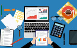 Businessman holding paper sheet in hands, paperwork, consultant, financial audit, financial research report, auditing tax process, data analysis, seo analytics, market stats calculate in vector