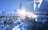 Double exposure of professional businessman using cloud technology in smart phone with servers technology in data center and network connection in IT Business technology concept world map from NASA