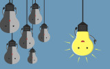 Inspired glowing light bulb character in moment of insight hanging beside many gray dull ones. Innovation motivation insight inspiration concept. EPS 10 vector illustration no transparency