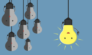 Inspired glowing light bulb character in moment of insight hanging beside many gray dull ones. Innovation motivation insight inspiration concept. EPS 10 vector illustration no transparency