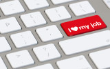 I love my job slogan on computer keyboard for employee motivation (3D Rendering)